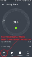 Nest thermostat showing the selector to choose to switch from HEAT to COOL (or vice versa) (C) InspectApedia.com