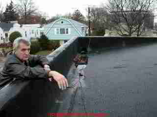 Photo of a bad roof, alligatored roof coating, roll roofing run up the parapet, home
inspection client looking-on