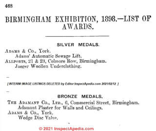 Adamant plater award issued in 1898 (C) InspectApedia.com