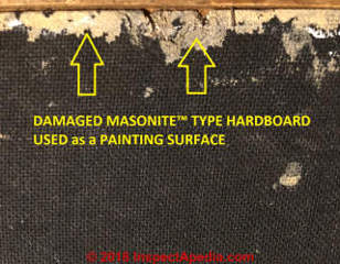 Damaged masonite hardboard painting backer board needs conservation (C) InspectApedia.com MJ