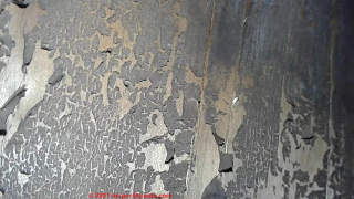 Black peeling stuff on roof sheathing after leaks (C) InspectApedia.com Trill