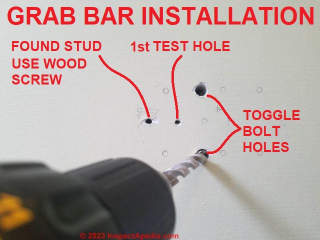 Drilling toggle bolt holes in a plaster wall to install a grab bar (C) Daniel Friedman at In spectApedia.com