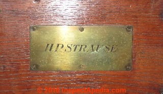 H.P. Strause brass tag on antique chest; probably Strause was a second owner (C) Daniel Friedman