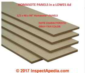 Homasote panels showing its characteristic gray-tan color (C) InspectApedia.com DF