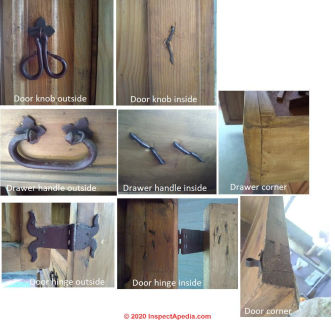 Details of door hardware, pulls, hinges on "antique" armoire  (C) InspectApedia.com Barbara
