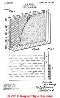 Sharp's plasterboard partition or wall patent US 68942 in 1900 (C) InspectApedia.com reprint from USPTO