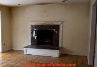Wall & ceiling stains suggested caused by fireplace (C) InspectApedia.com reader
