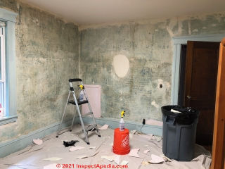 Stripping old green wallpaper may be an arsenic hazard: plaster repairs (C) InspectApedia.com RobertsT