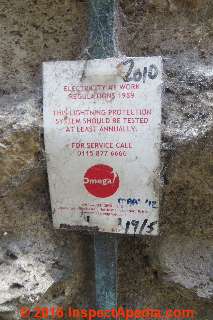 Lightning protection system inspection tag, Saxon Tower, Oxford, UK (C) Daniel Friedman