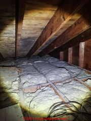Mold on plywood roof sheathing  in attic (C) InspectApedia.com Sage
