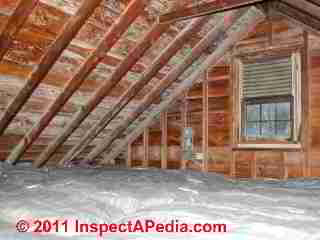 Photo of white mold on pine board roof sheathing, view from attic (C) Daniel Friedman