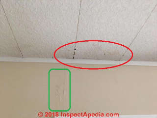 Ceiling stains, wall indicators of leaks (C) InspectApedia.com Brenda M