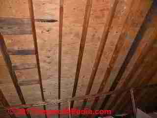 Dark stains on rafters in an attic - is this mold? (C) 2013 InspectAPedia
