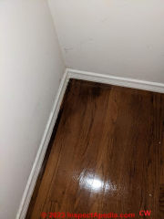 Examine stain in corner of hardwood floor - possible odor source clue (C) InspectApedia.com Widmer