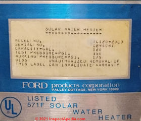 1972 Ford Water Heater data tags (C) InspectApedia.com Shandie