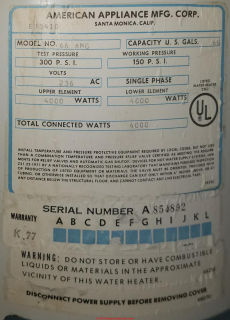 American Appliance Mfg. Corp. Water Heater Data Tag (C) InspectApedia.com Ian