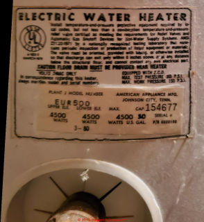 American Appliance Mfg. Corp. Water Heater Data Tag (C) InspectApedia.com Tim R