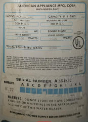 American Appliance Mfg. Corp water heater Model 66 AMG probably from 1985 (C) InspectApedia.com Ian
