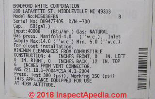 Bradford White water heater data tag (C) Daniel Friedman InspectApedia.com Tucson