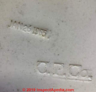 C.E.O. brand porcelain tub date stamp 1976 (C) Inspectapedia.com Lisa