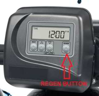 Clack valves water softener control head showing where to find the regen button - at InspectApedia.com