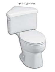 Triangular corner toilet for tight spaces in bathrooms from American Standard - cited & discussed at InspectApedia.com