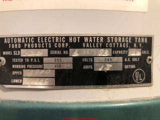 Ford electric hot water storage tank data tag (C) InspectApedia.com Rebecca