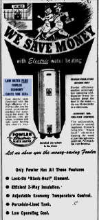 Fowler electric water ad from 1948 - at InspectApedia.com