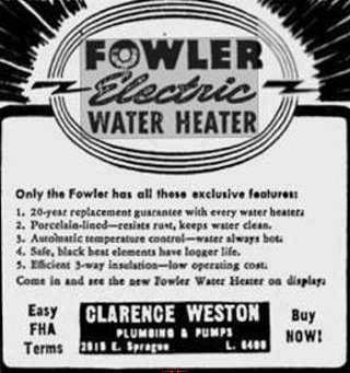 Fowler electric water heater ad (C) InspectApedia