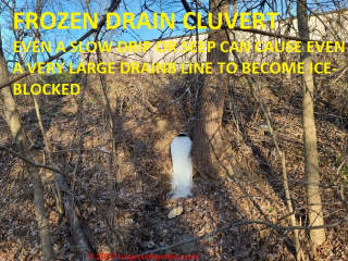 Even a slow drip can cause ice blocking of even a very large drain like this Poughkeepsie NY culvert drain photographed in December 2022 (C) InspectApedia.com Daniel Friedman