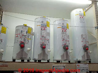 GE water heaters on display at a Home Depot store in Celaya Mexico (C) Daniel Friedman at InspectApedia.com