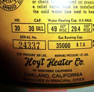 Hoyt water heater data tag (C) InspectApedia.com