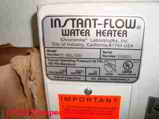 Instant-Flow tankless water heater detail specifications label © D Friedman at InspectApedia.com 