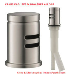 Dishwasher air gap device by Kraus - needed if the drain line can't be routed 20 inches or more above the floor - cited & discussed at InspectApedia.com