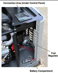 Location of the gas regulator and control to switch between NG and LPG on a Generac generator - at InspectApedia.com