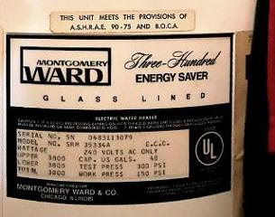 Wards water heater data tag from the 1980's (C) InspectApedia.com WB 