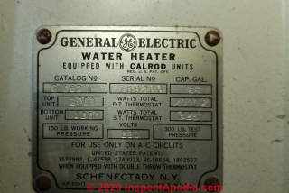 1976 GE Water heater data tag (C) InspectApedia.com John K