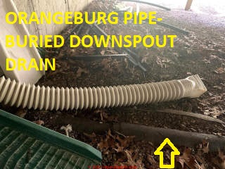 Black Orangeburg Pipe used as a downspout drain carrier (C) InspectApedia.com Rollings