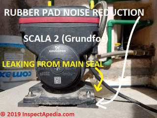Secure moounting on rubber pads cuts most normal water pump noise transmission (C) Daniel Friedman at InspectApedia.com  showing a Grundfos Scala2 pump 