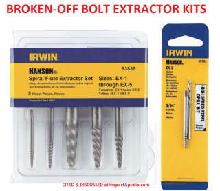 Bolt extractor kit for removing a broken-off bolt or screw cited & discussed at InspectApedia.com made by Irwin Hanson