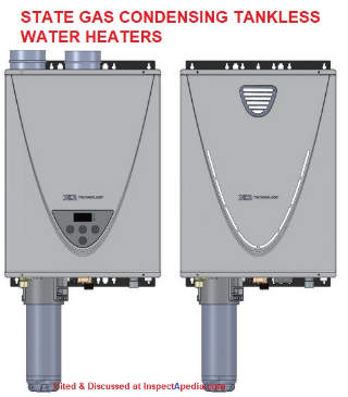 State condensing gas tankless water heaters cited & discussed + manuals at InspectApedia.com