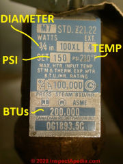 Watts relief valve data tag showing its specifications (C) Daniel Friedman at InspectApedia.com