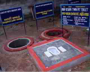 Single pit pour flush latrine design, Gramalaya, India