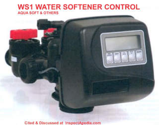 WS1 Water Softener control head or valve, used on AquaSoft and some other softners - manual at InspectApedia - cited & discussed there