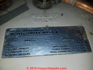 Data tag on a 1960's  Montgomery Ward water heater gives date of manufature or age (C) InspectApedia.com Howold