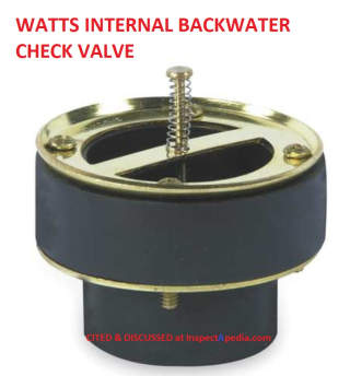 Watts internal backwater check valve useful in floor drains - cited & discussed at InspectApedia.com