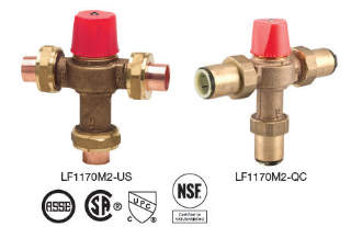 Watts LF1170-LFL1170 temperature control valve - mixing valve - anti-scald valve -  water blender valve cited & discussed at Inspectapedia.com