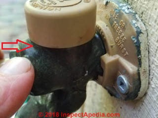Leak at the anti siphon valve on a Woodford Model 17 sillcock (C) Daniel Friedman at InspectApedia.com