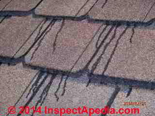 Asphalt roof single tab sealant bleed-out staining on a Maryland roof © InspectApedia Bob Sissons