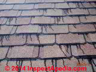 Asphalt roof single tab sealant bleed-out staining on a Maryland roof © InspectApedia Bob Sissons